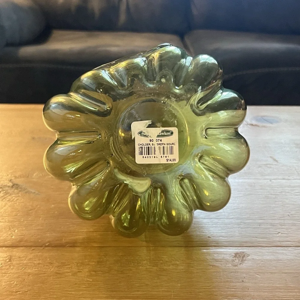 Smith and Hawkin Poland Handmade Art Glass Green Pumpkin Fall Decor Candle Dish